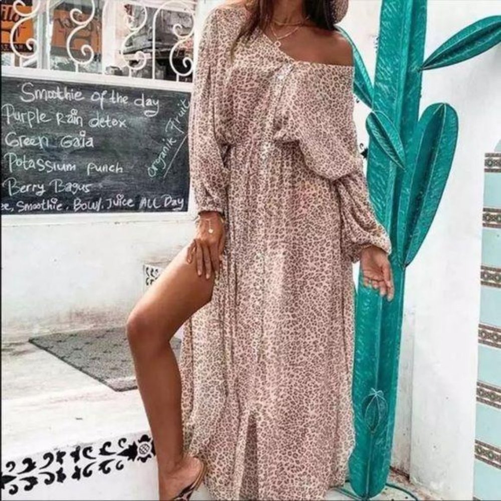 Bohemian Leopard Print Maxi Dress Button Up Gypsy - Picture 3 of 16